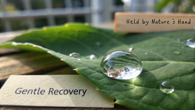 Nature's Serenity: Dew Drop Reflecting Tranquility on Leaf with Gentle Recovery Message in Natural Setting