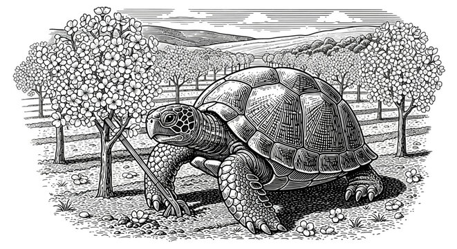 Detailed illustration of a large tortoise in nature.