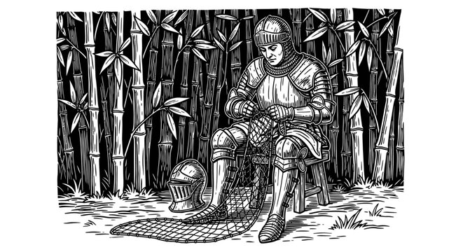 Medieval knight resting in bamboo forest illustration.