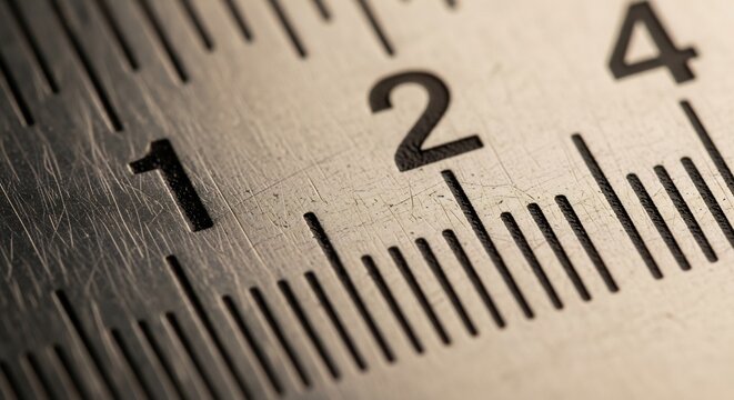 Close-up of a metallic ruler showing the numbers one two and four with measurement markings.