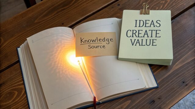 Open Book Symbolizing Knowledge with Sticky Notes Conveying Ideas that Generate Value in a Creative Workspace Setting