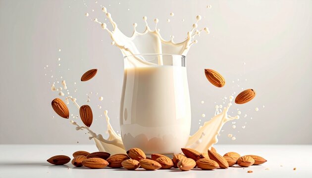 Susu almond cair mengalir lembut dengan kacang almond melayang menciptakan visual creamy melambangkan nutrisi nabati premium sweet
