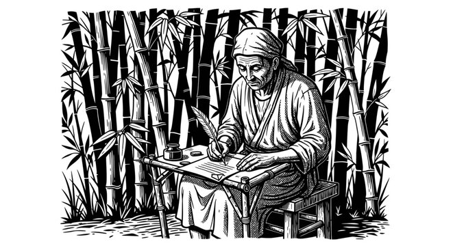 Elderly man writing under bamboo trees illustration.