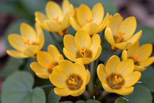 A group of yellow crocuses growing in the grass