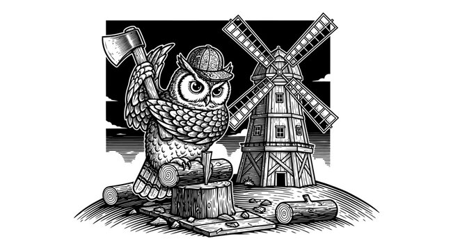 Owl perched near old windmill illustration.
