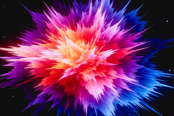 Fototapeta premium A vibrant, sharp color explosion bursts across a dark starry space, showcasing a smooth gradient of warm and cool hues in dynamic spiky forms.