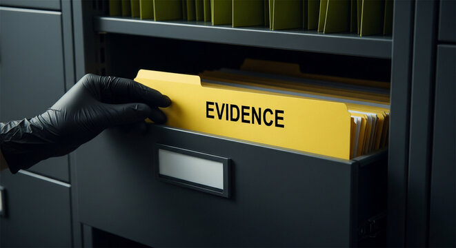 Criminal evidence file folder in cabinet, hand in black glove reaching for police records, legal investigation and forensic documentation