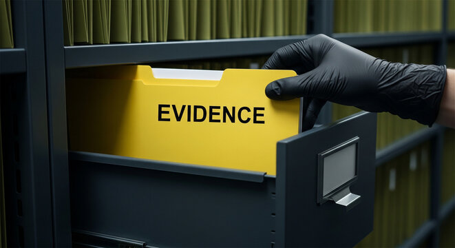 Evidence folder in filing cabinet, hand in black glove pulling criminal records, legal documentation and forensic investigation concept