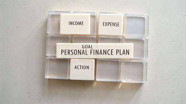 Personal Finance Planning Concept with Tiles for Income, Expense, Goal, Action on Light Surface for Financial Management