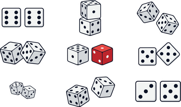Classic dice collection featuring casino gaming cubes board game accessories rolling dice and gambling vector illustration set