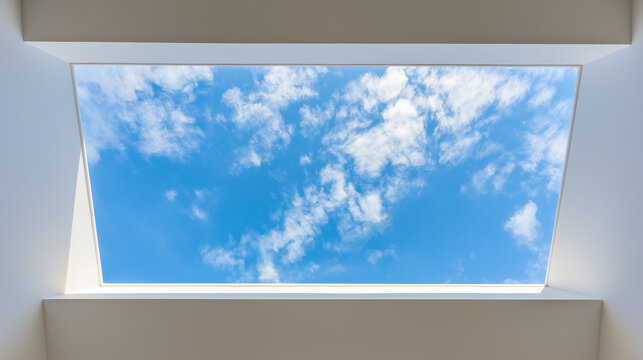 sunroof. Rectangular sunroof framing moving clouds against a blue sky, minimalist architectural detail. real-estate listings.