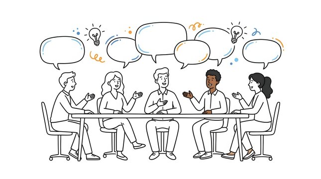 Line art team discussion scene with speech bubbles and collaboration concept.