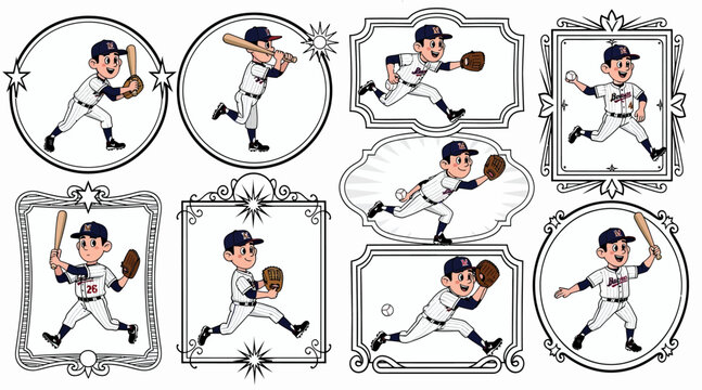 baseball player, cartoon style, various poses, frames