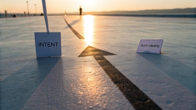 Sunlit pathway with signs of intent and aim clearly, symbolizing direction and purpose in a serene outdoor setting