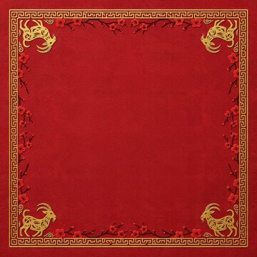 Elegant Chinese New Year Border Frame with Golden Filigree and Papercut Goat Elements