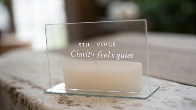 Tranquil Setting with Inspirational Quote on Glass Stand and Candle for Relaxation and Mindfulness Practice