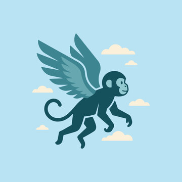 A blue flying monkey glides through the clouds