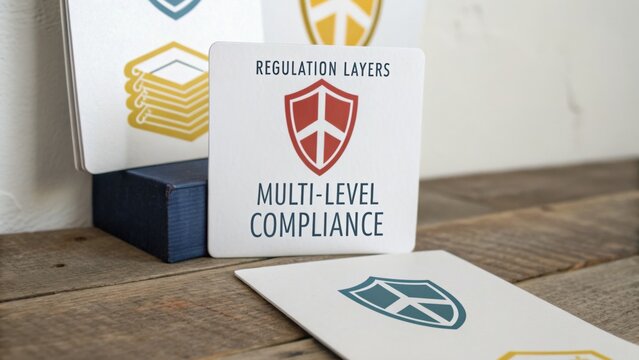 Visual Representation of Multi-Level Compliance with Regulation Layers Symbolism on a Wooden Surface