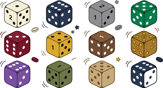 Colorful dice collection featuring casino gaming board game tabletop cubes and rolling dice vector illustration set