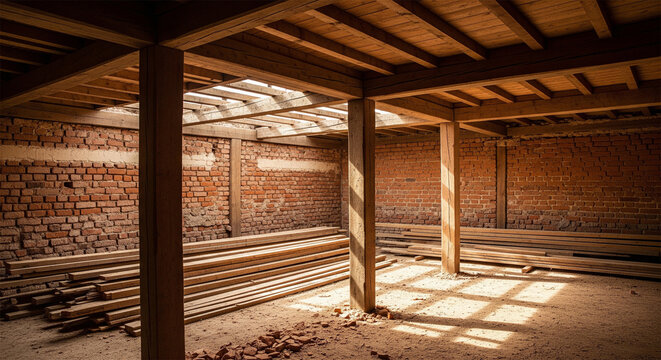 Industrial construction site interior with wooden beams and brick walls, unfinished building structure with timber planks, renovation project in progress
