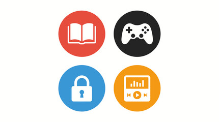 Flat icon set with open book gamepad padlock and media player badges © Teguh