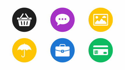 Fototapeta premium Flat icon set with shopping basket chat bubble image umbrella briefcase and credit card badges