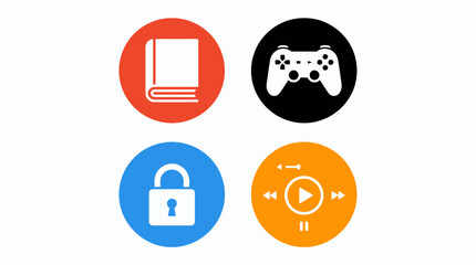 Flat icon set with open book gamepad padlock and media player badges © Teguh
