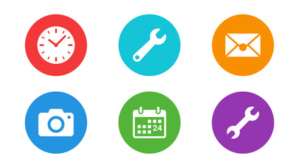 Fototapeta premium App utility icon set with clock wrench envelope camera and calendar badges