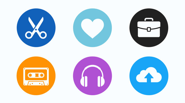 Flat icon set with scissors heart briefcase cassette headphones and cloud upload badges