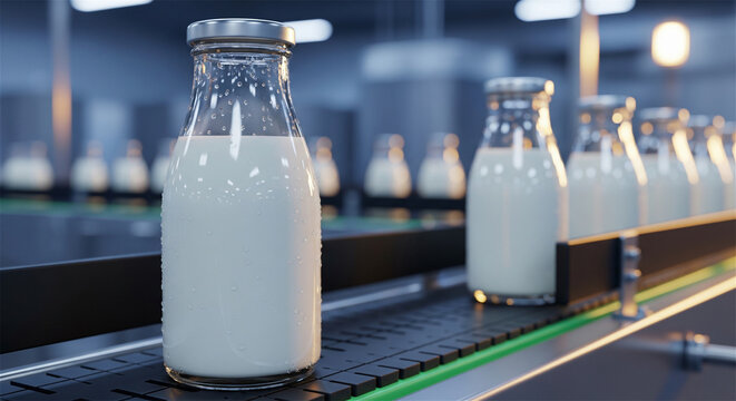 Industrial milk production line with glass bottles, dairy factory conveyor belt system, fresh organic milk bottling process in modern facility