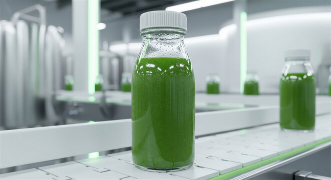 Green juice bottles on automated production line, healthy vegetable smoothie manufacturing in modern factory, organic beverage bottling process