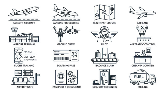 Comprehensive airport terminal and ground crew management icons.