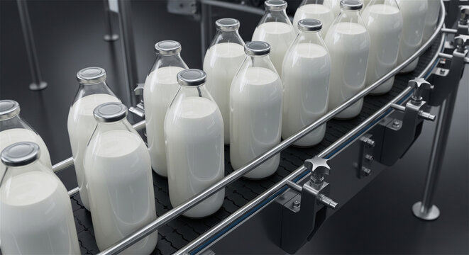 Industrial milk production line with glass bottles, automated dairy processing plant conveyor, fresh milk bottling factory equipment