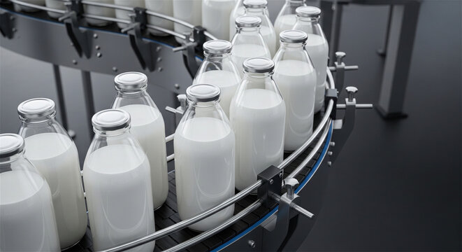 Industrial milk bottling production line, glass bottles with fresh dairy on conveyor belt, automated food processing factory equipment