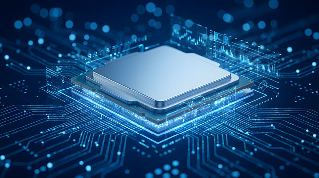 High-Tech CPU Microprocessor on Futuristic Blue Circuit Board with Glowing Digital Lines, Representing AI Computing, Data Processing, and Global Network Technology