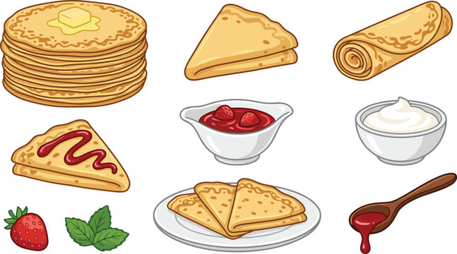 Crepe and pancake vector collection featuring folded crepes rolled pancakes strawberry jam sour cream and breakfast dessert illustrations