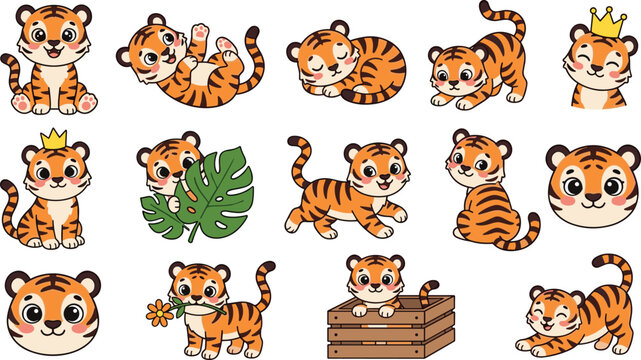 Cute baby tiger collection featuring playful cartoon cub poses adorable wildlife characters and animal mascot vector illustration set