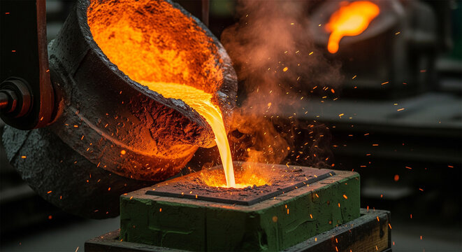 Molten metal pouring from industrial ladle, glowing liquid iron in foundry casting process, hot steel production with sparks and smoke