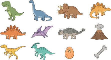 Cute dinosaur collection featuring Tyrannosaurus Triceratops Stegosaurus Brachiosaurus Pterodactyl volcano egg and prehistoric vector illustration set © Prodip