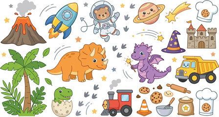 Cute fantasy and dinosaur collection featuring astronaut rocket dragon volcano triceratops castle train and cartoon adventure vector illustration set © Prodip