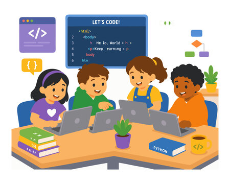 Happy Diverse Children Learning Coding and Programming Together in Classroom Flat Vector Illustration