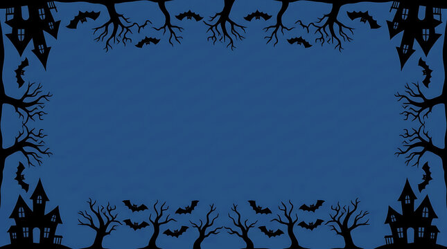 Halloween Spooky Night Background With Dark Silhouettes Of Haunted Houses And Creepy Trees And Bats