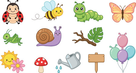 Cute garden nature collection featuring ladybug bee caterpillar butterfly snail grasshopper and spring cartoon vector illustration set © Prodip