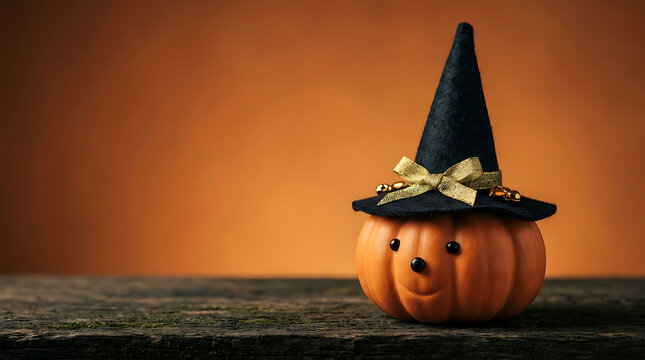 Halloween Pumpkin Wearing Black Witch Hat With Gold Ribbon On Wooden Table Background