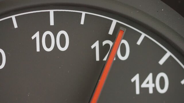 Macro landscape shot of an analog car speedometer with the needle hovering near 100 kmh, representing cruising speed on a rural road or highway