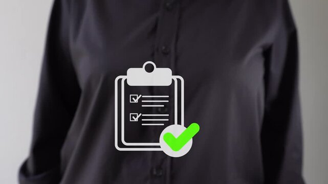 Person in dark shirt touches digital clipboard icon