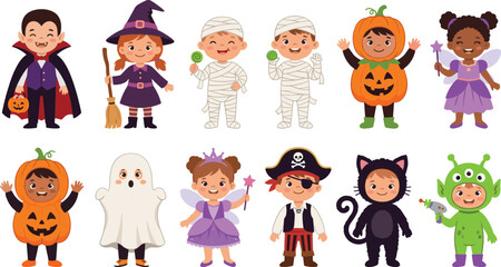Fototapeta premium Cute Halloween kids costume vector collection featuring vampire witch mummy pumpkin ghost pirate fairy and monster character illustrations