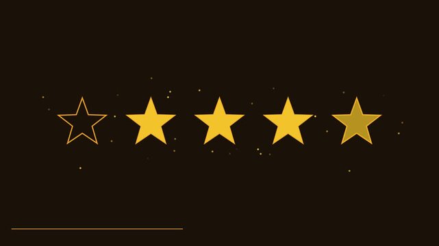 Five star rating animation with gold glowing stars and particle effects for customer feedback and review systems 4k