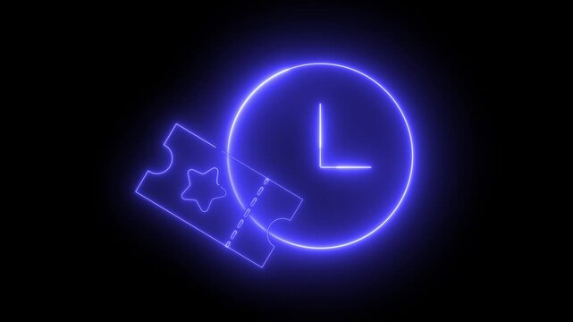 Blue neon glow pulses around clock and ticket shapes