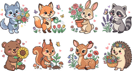Fototapeta premium Cute Woodland Animals Gardening Vector Sticker Set Featuring Fox Bear Rabbit and Raccoon Characters with Spring Flowers for Children Graphic Design Projects